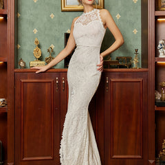 Lace Trim Split Thigh Floor Length Wedding Dress