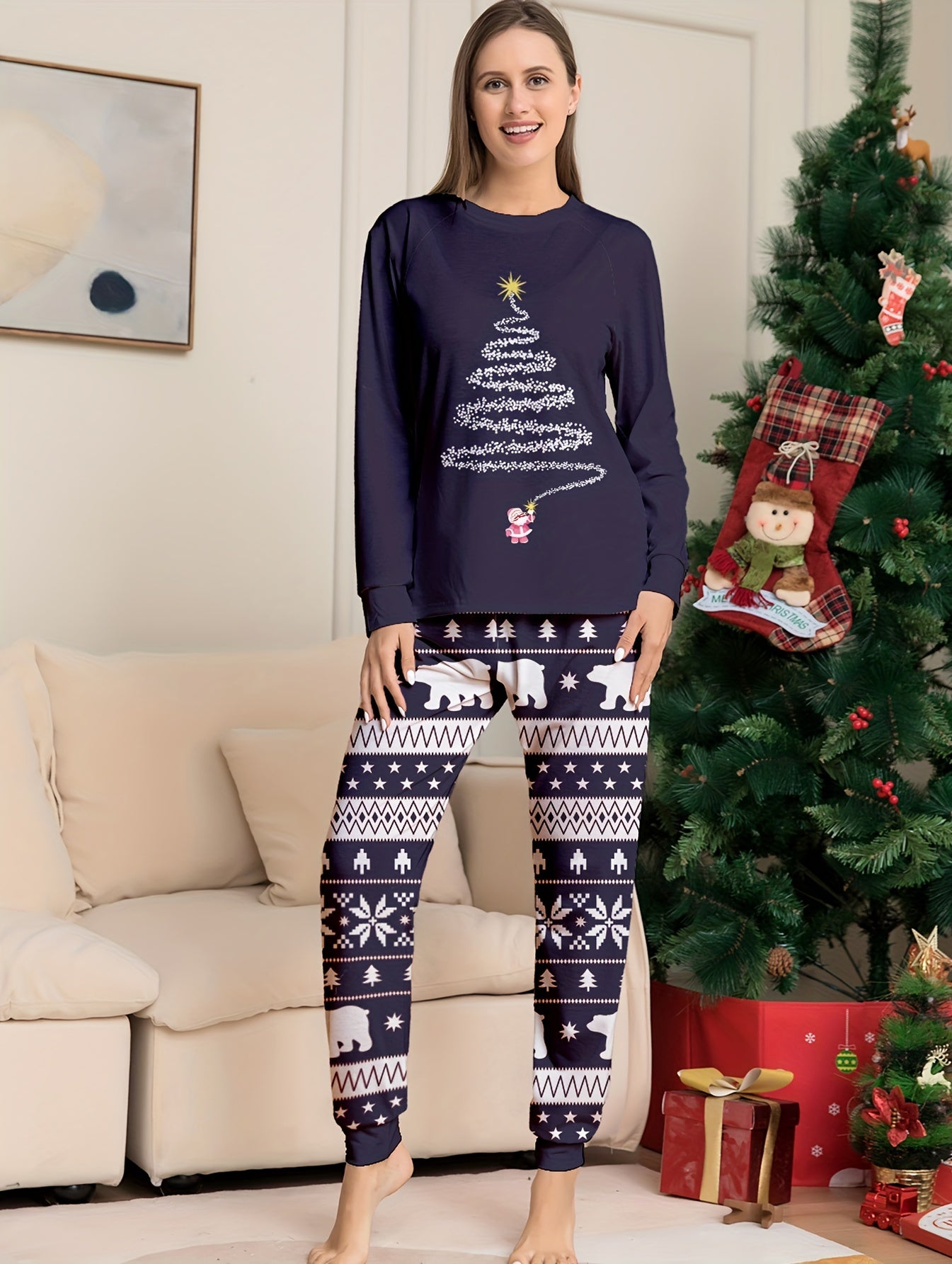 Christmas Tree Pajama Set Long Sleeve Crew Neck Top and Elastic Waistband