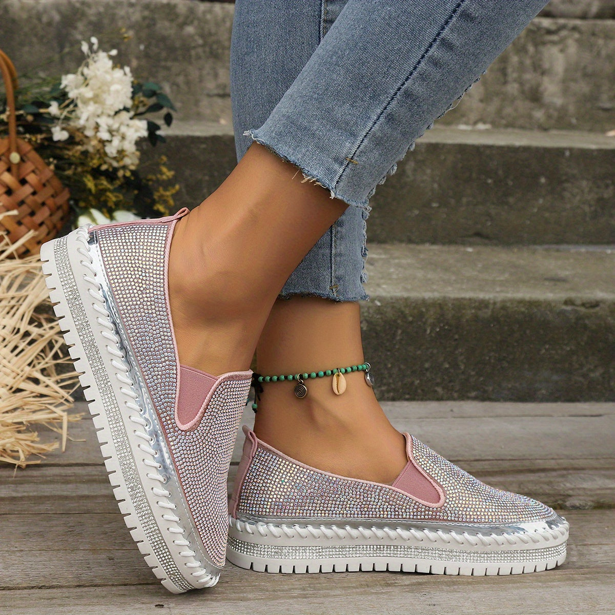 Women's Rhinestone Platform Loafers Slip On Shoes