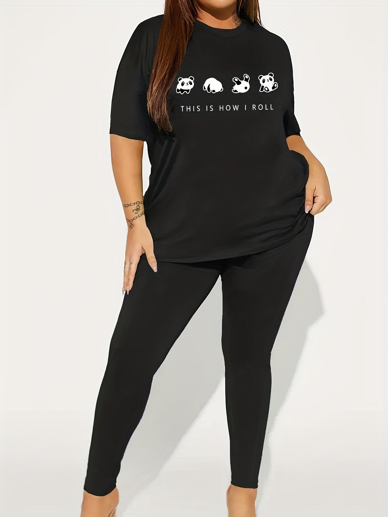  Panda & Slogan Print Tee & Leggings 2 Piece Set