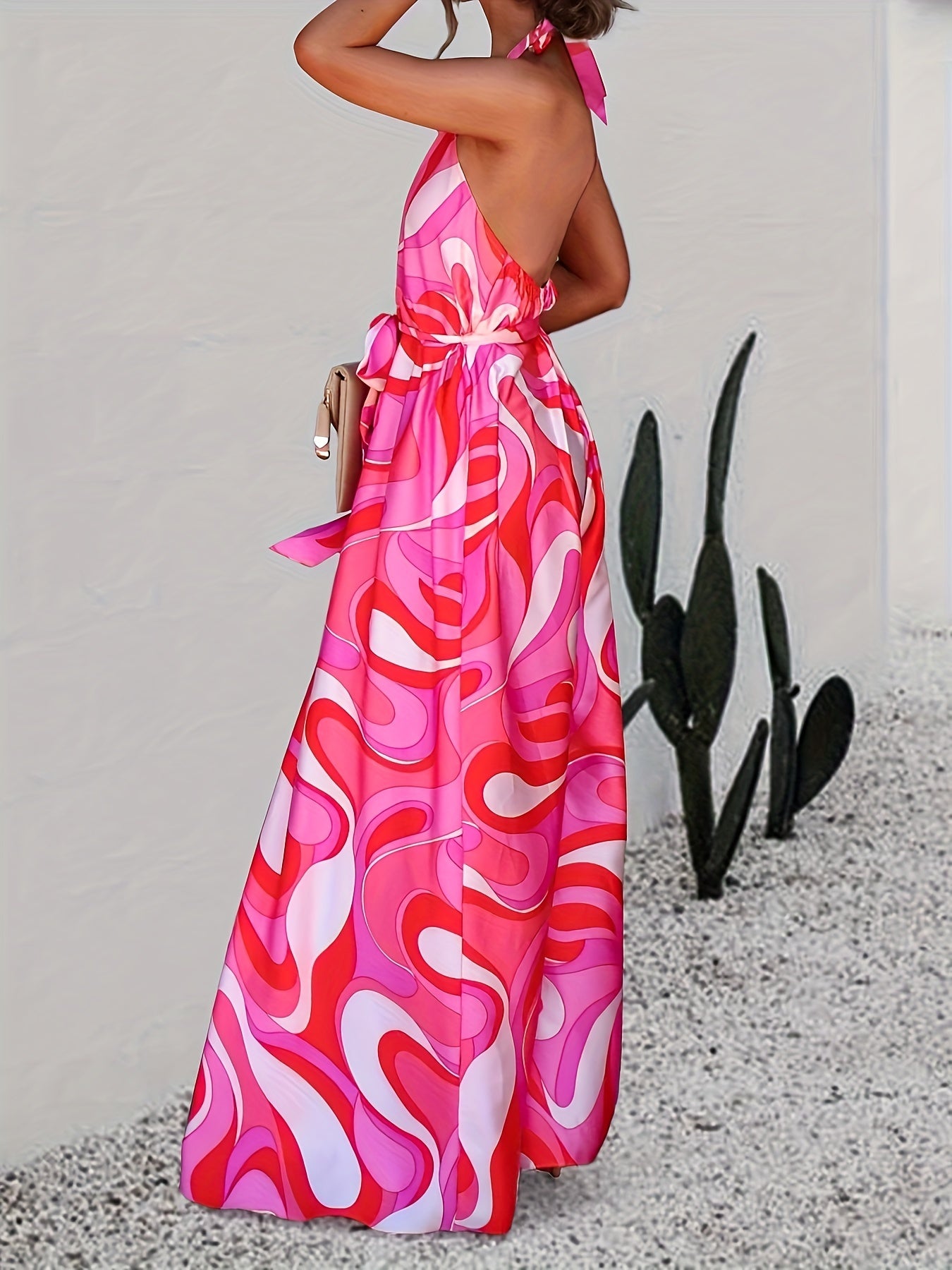 Boho Allover Print Backless Jumpsuit Halter Neck Wide Leg