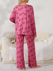 Heart Print Pajama Set Long Sleeve Crew Neck Top & Elastic Waistband Pants