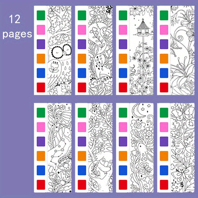 12pcs Watercolor Coloring Book for Kids, Built-in Watercolor Palette