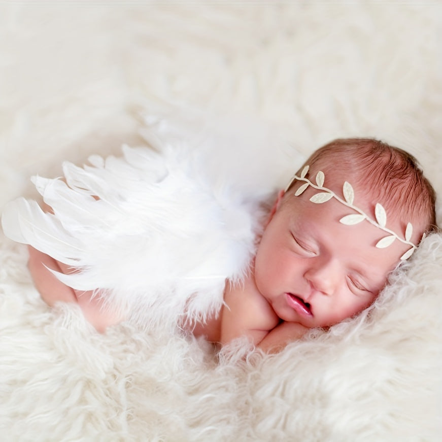 2pc Leaf Headband & Angel Feather Set for 0-3 Months Baby Photo Props