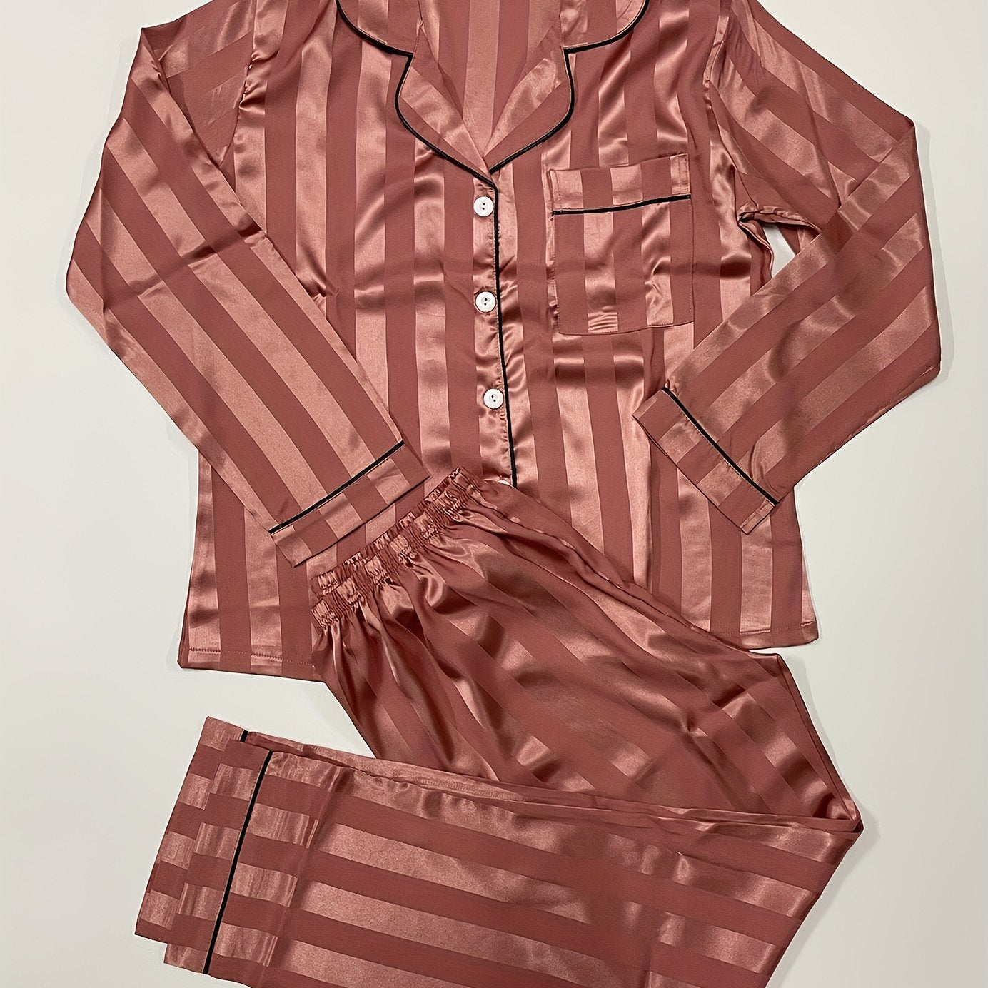Striped Satin Pajama Set Long Sleeve Buttons Top & Elastic Waistband Pants