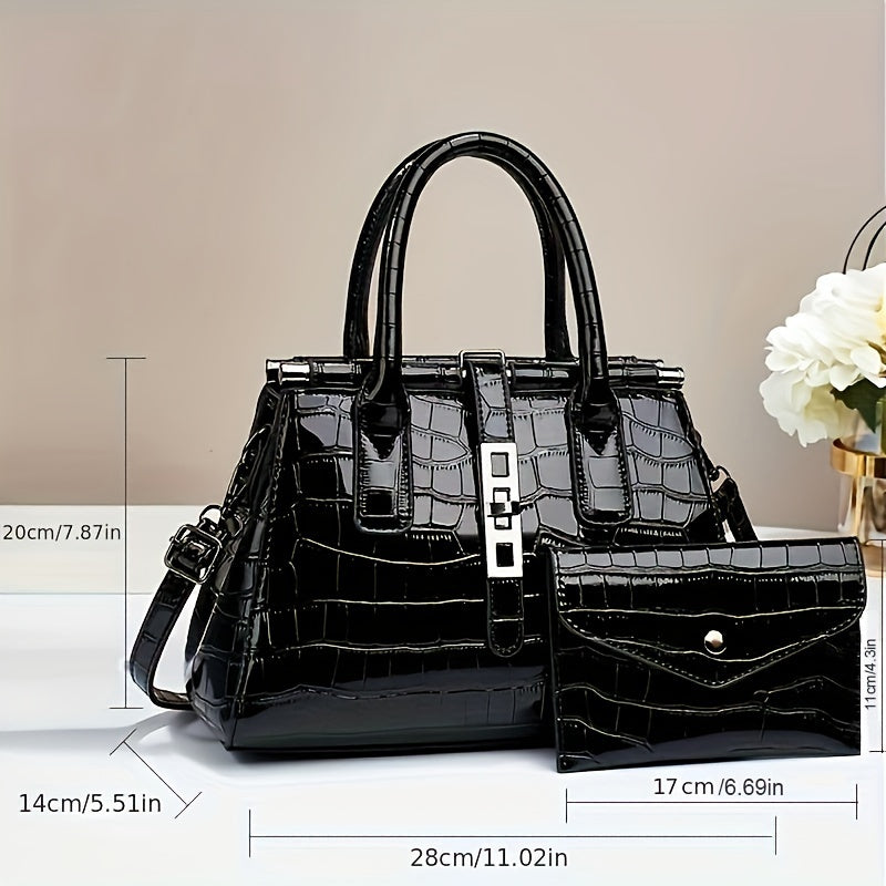 Crocodile Print Satchel Top Handle Tote Bag & Clutch Purse Set