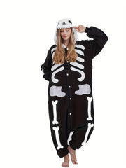  Skull Button Up Hooded Fleece Jumpsuit
