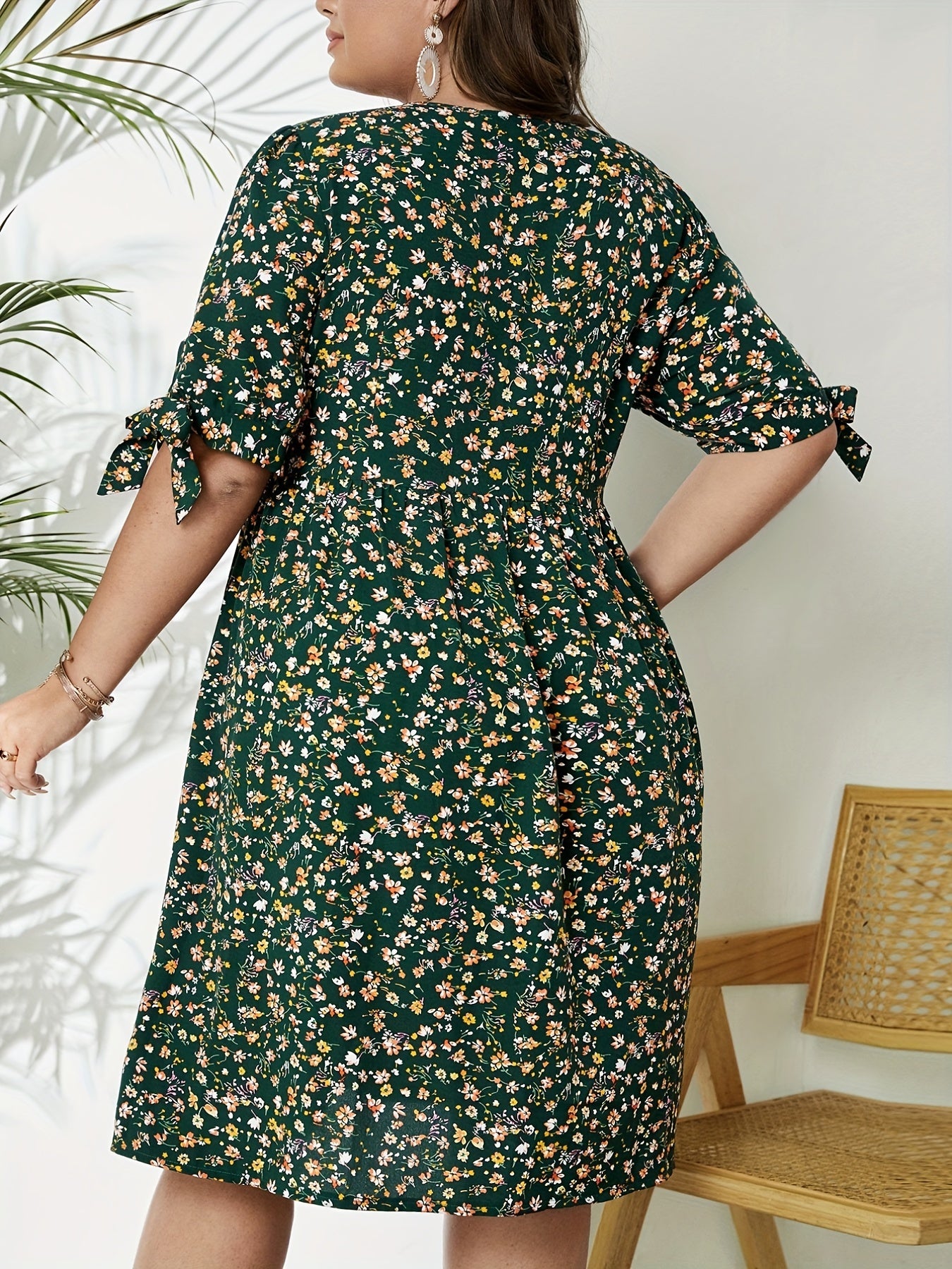 Women's Plus Floral Print Tie Puff Sleeve Maxi Dress