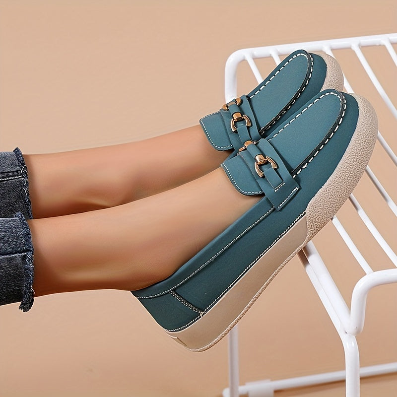 Women's Comfy Flat Loafers with Metallic Buckle Decor