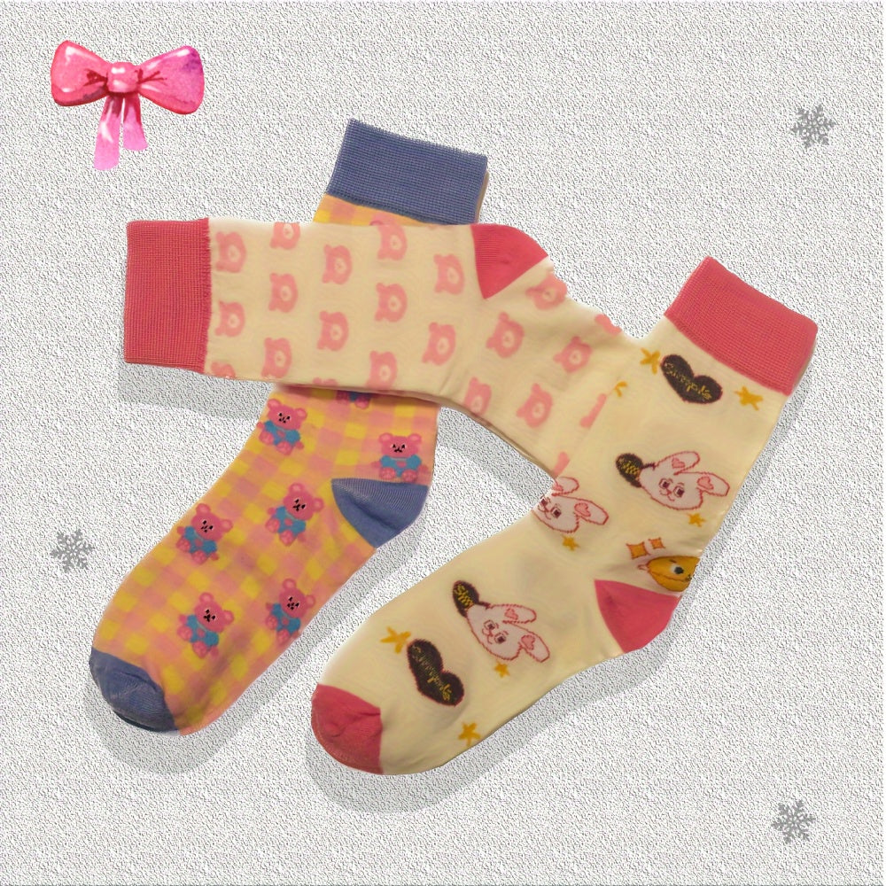 Bunny & Bear Print Mid Tube Socks Women's Stockings