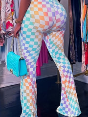  Ombre Checkerboard Print High Rise Flared Leg Trousers