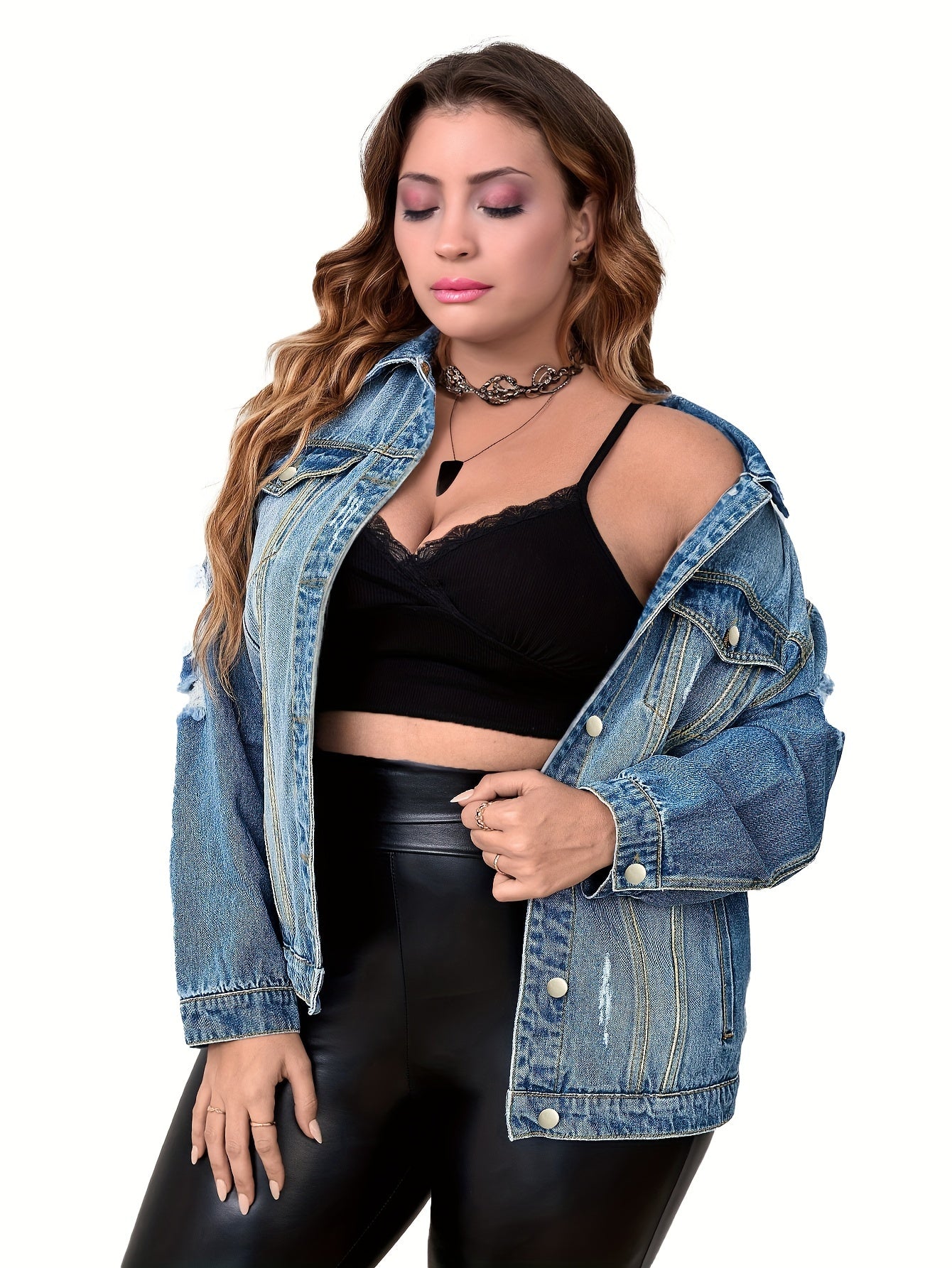 Women's Plus Size Casual Denim Top - Ripped Button Up Long Sleeve Jacket