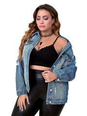 Women's Plus Size Casual Denim Top - Ripped Button Up Long Sleeve Jacket