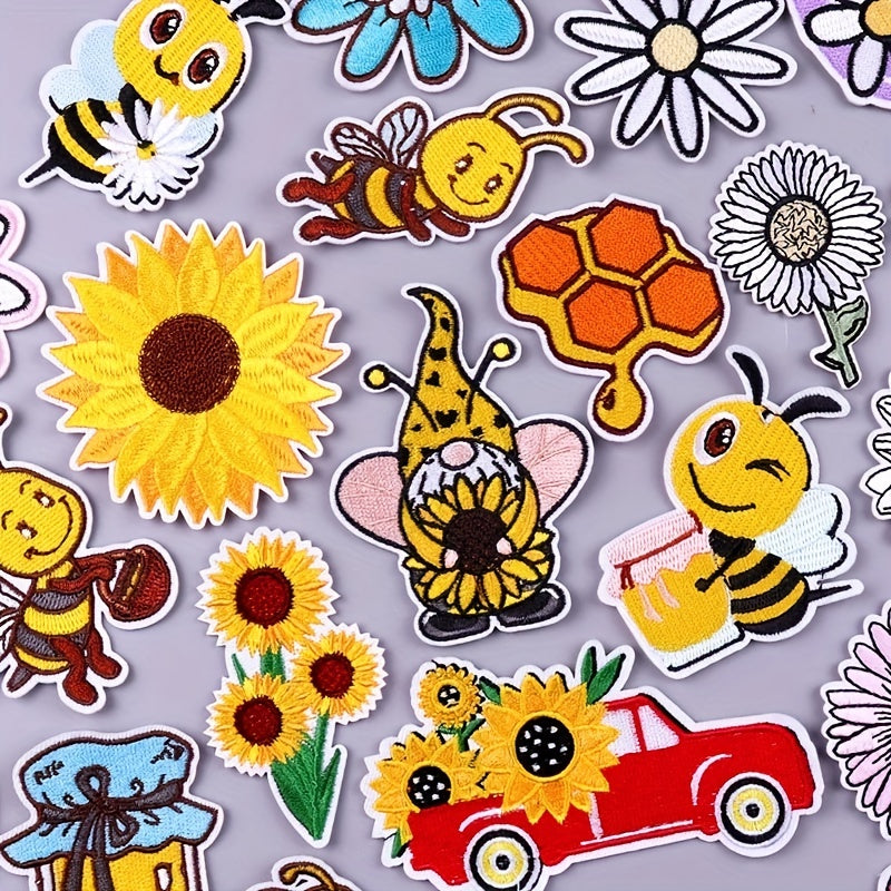 8pcs Cartoon Bee Sunflower Embroidered Patches Iron On Sew On Applique Patch DIY