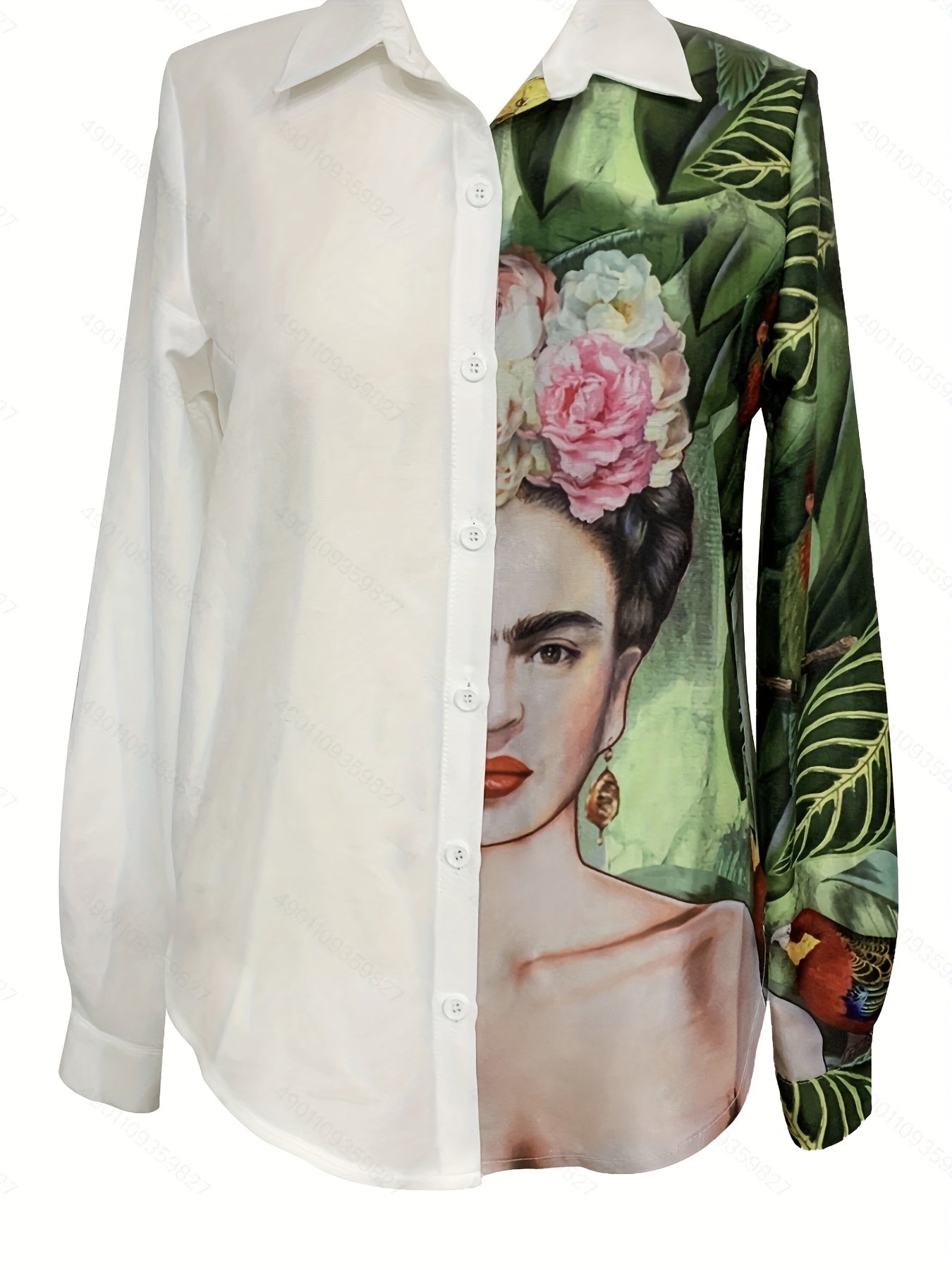  Cartoon Girl & Floral Print Colorblock Long Sleeve Top