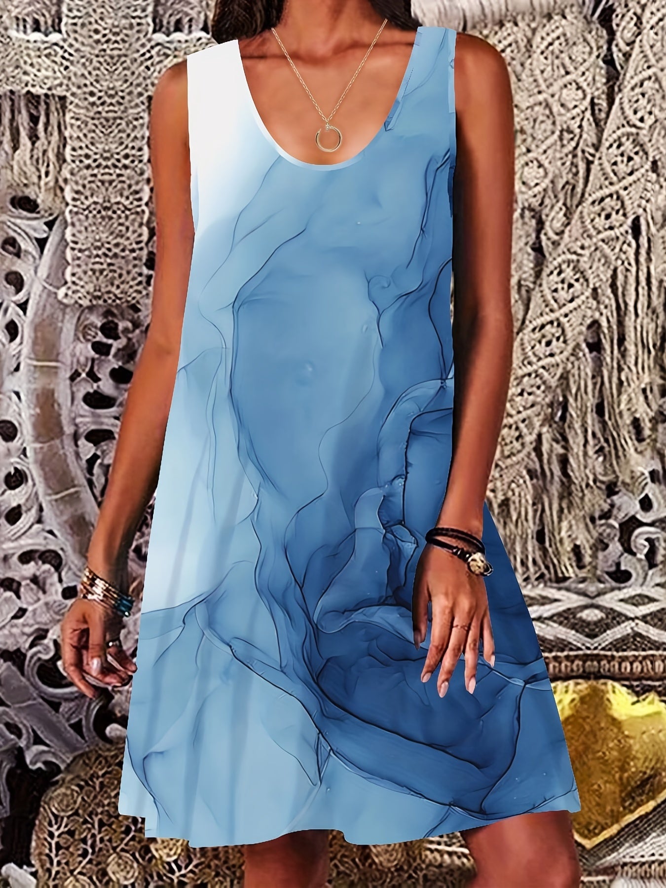 Marble Print Sleeveless Dress Casual Tank Dress