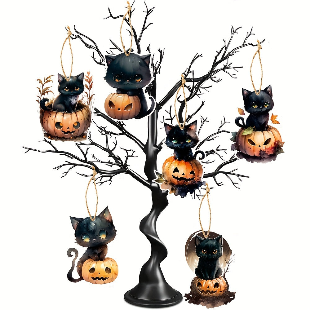6pcs Halloween Cats Pumpkin Tree Ornaments Cardboard Hanging Cats Ornaments