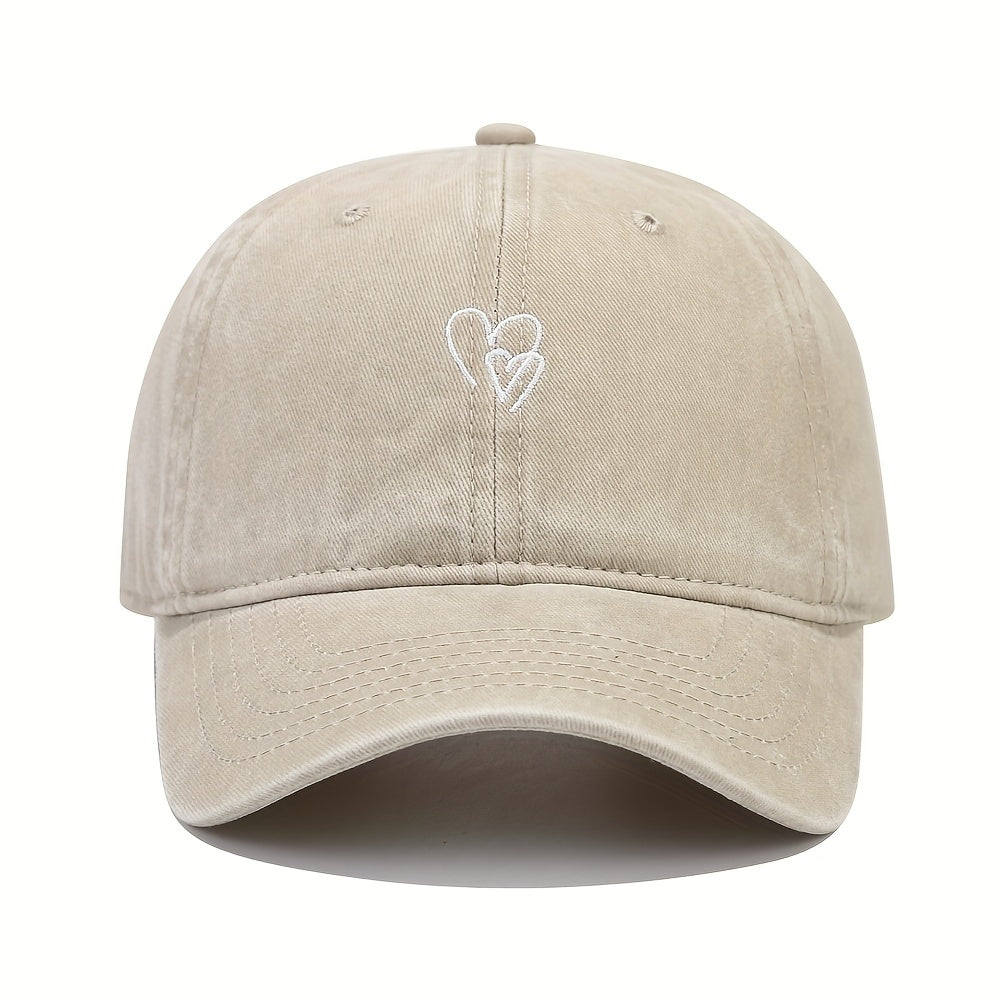 Double Heart Embroidery Baseball Cap Washed Distressed Dad Hats