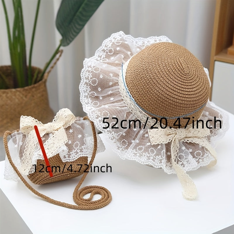 Kids Summer Straw Hat with Lace, Sunscreen Protection