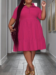 Plus Size Solid Short Sleeve Button Up Shirt Dress