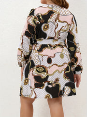  Colorblock Chain Print Long Sleeve Dress