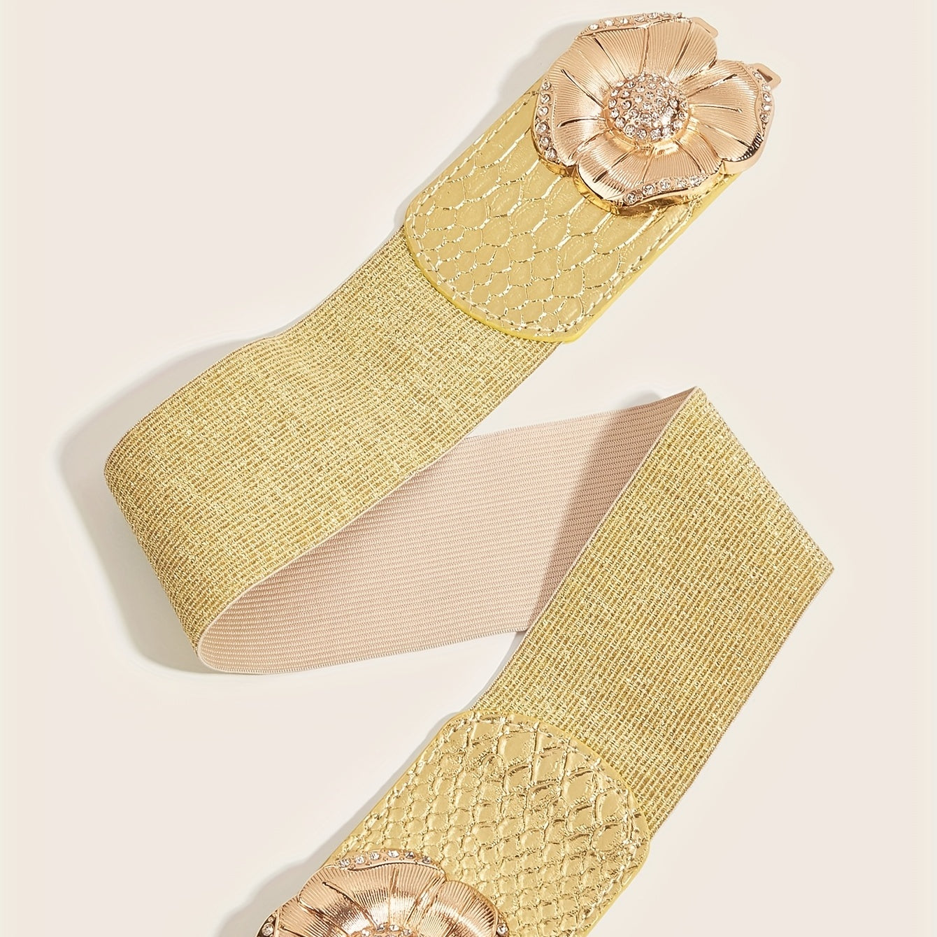 Golden Rhinestone Flower Buckle Belt Elastic Waistband
