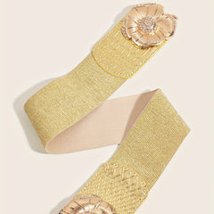 Golden Rhinestone Flower Buckle Belt Elastic Waistband