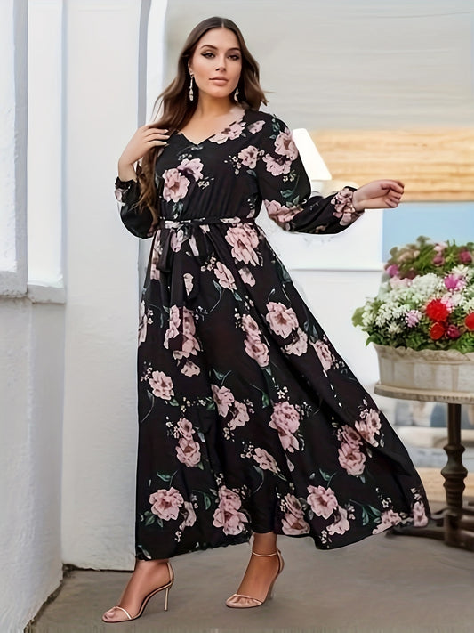 Women's Plus Floral Maxi Dress Long Sleeve V Neck Belt