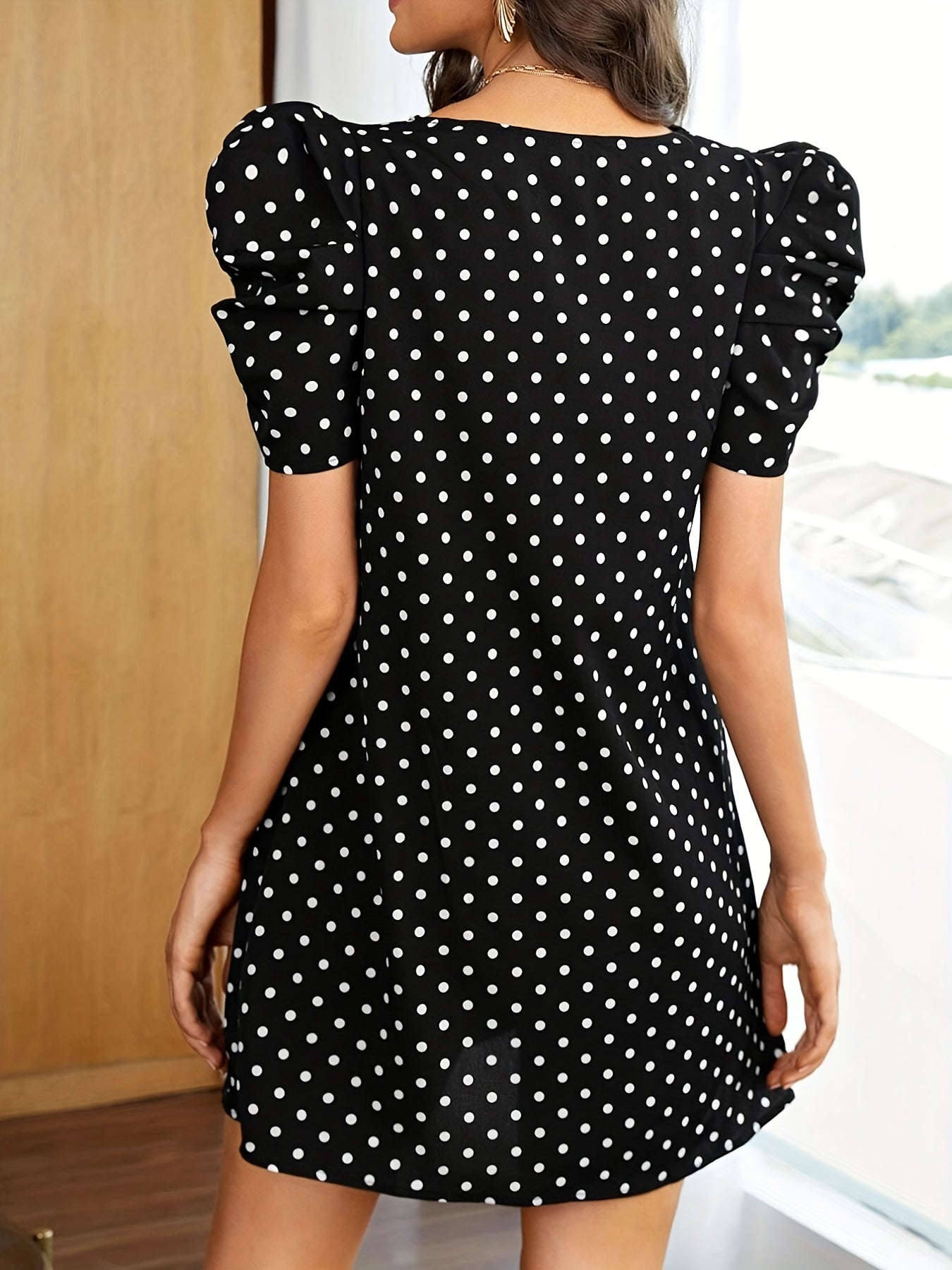 Polka Dot Scallop Trim V Neck Dress Short Sleeve Women's Clothing