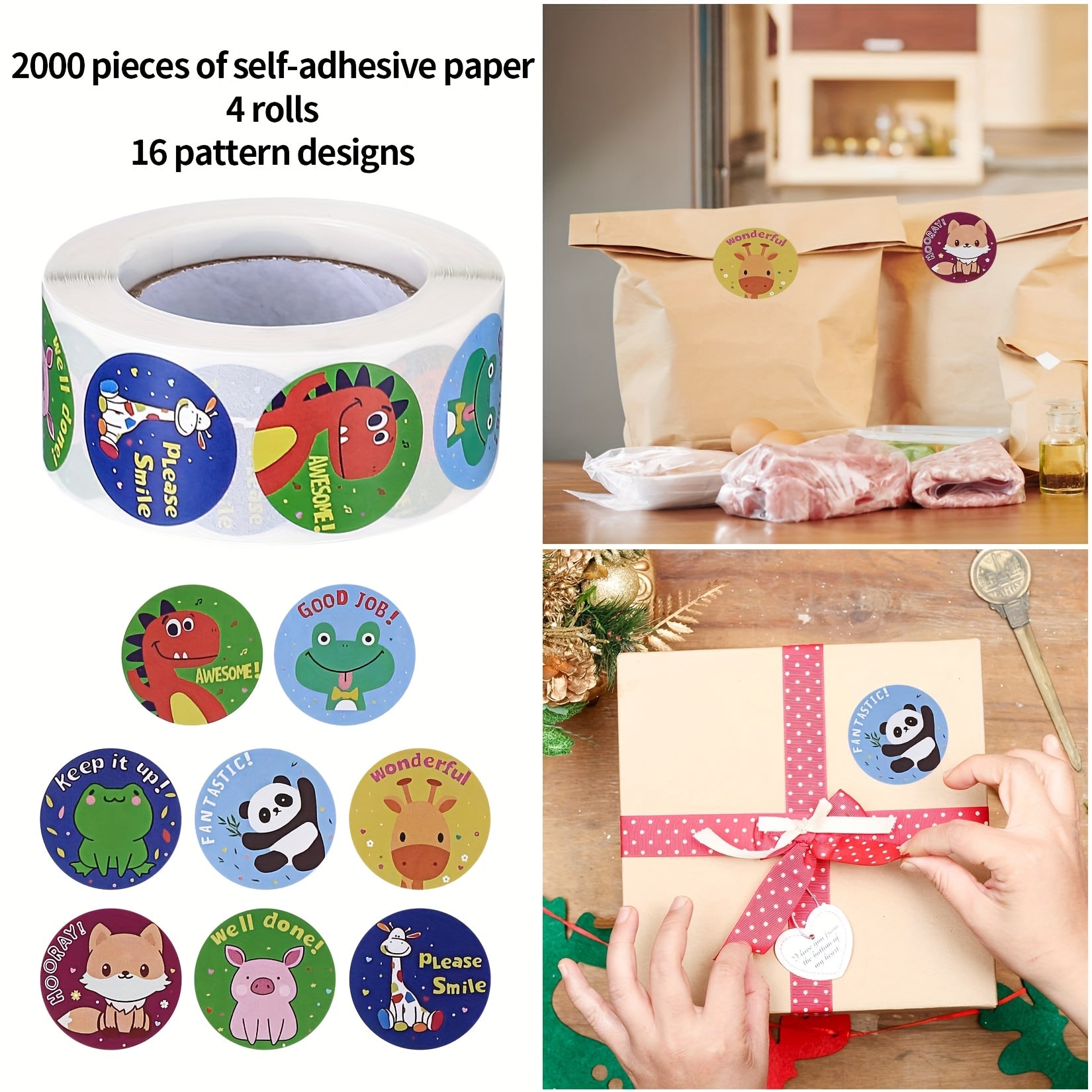 2000pcs Colorful Reward Stickers for Kids Animals & Phrases Self Adhesive