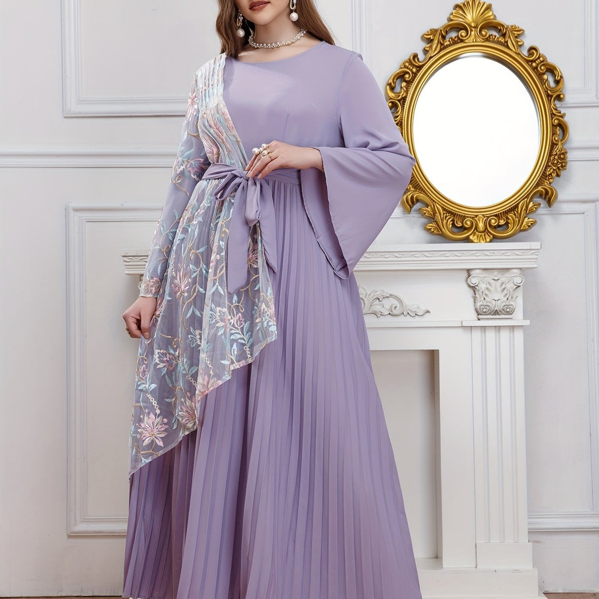  Abaya Dress Women's Plus Contrast Lace Bell Sleeve