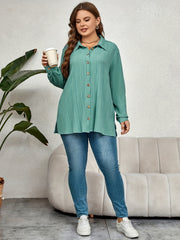  Casual Blouse Solid Crinkle Button Up Long Sleeve Blouse