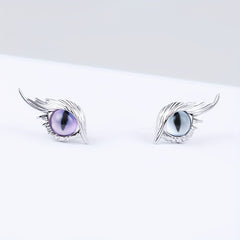 Cat Eye Stud Earrings w/ Feather 2pcs Pair