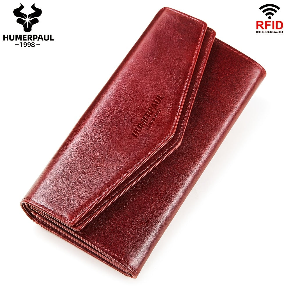 Women's Vintage Envelope Wallet Top Grain Leather Snap Closure Zip Pocket
