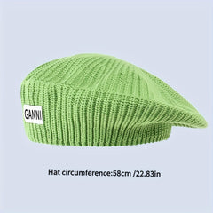 Green Knitted Beret Label Patch Beanie Casual British Style Artist Hat Warm
