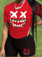 Women's Plus Funny Print Top & Shorts Two Piece Set