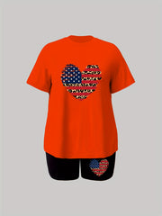  Colorblock Leopard & Heart & Flag Print Top & Shorts Set