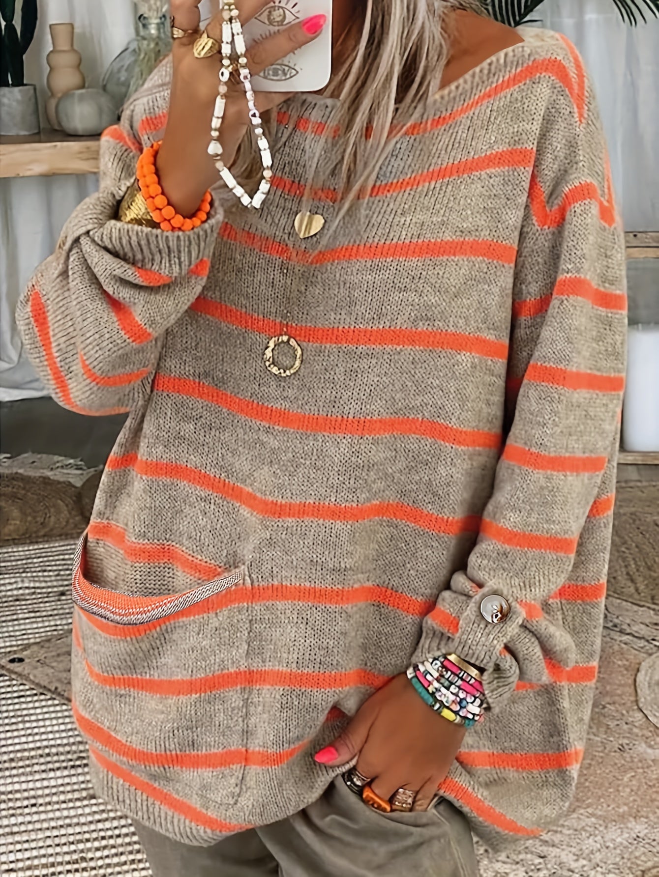  Striped Button Decor Sweater Round Neck Loose Jumper