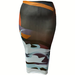 Women's Plus Random Print Elastic High Rise Midi Skirt