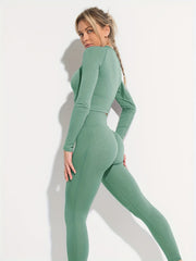 2PCS Women Yoga Set Seamless Workout Gym Long sleeve T shirt & Leggings