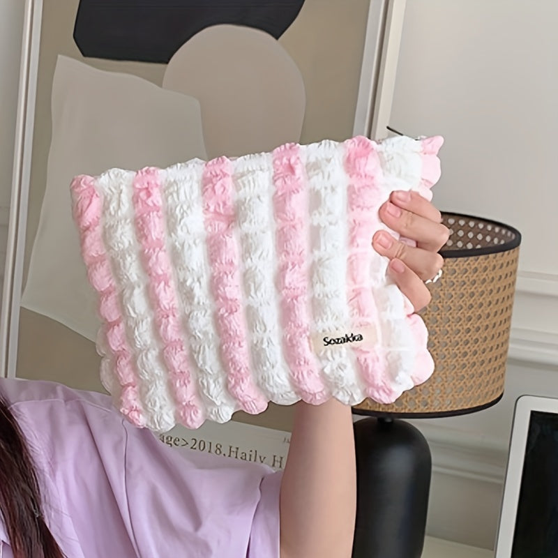Seersucker Striped Cosmetic Bag Large Capacity Travel Toiletry Pouch