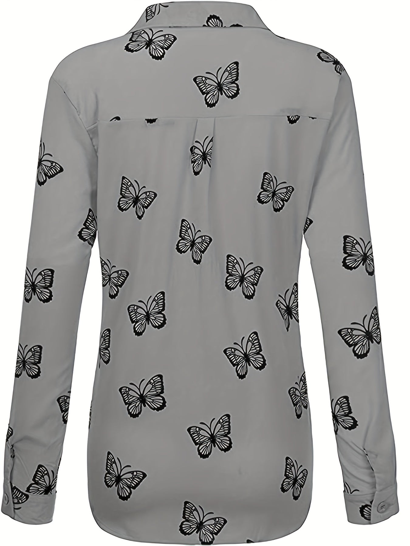  Butterfly Print Button Up Long Sleeve Blouse