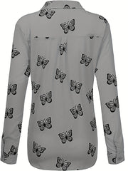  Butterfly Print Button Up Long Sleeve Blouse