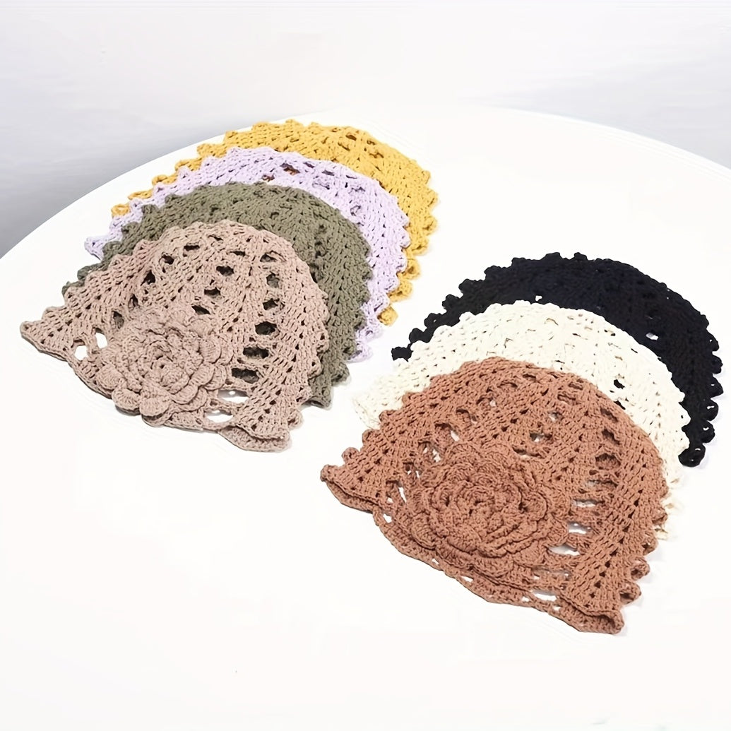 Flower Hollow Crochet Beanie Knit Hat Women Cloche Hats Skull Cap