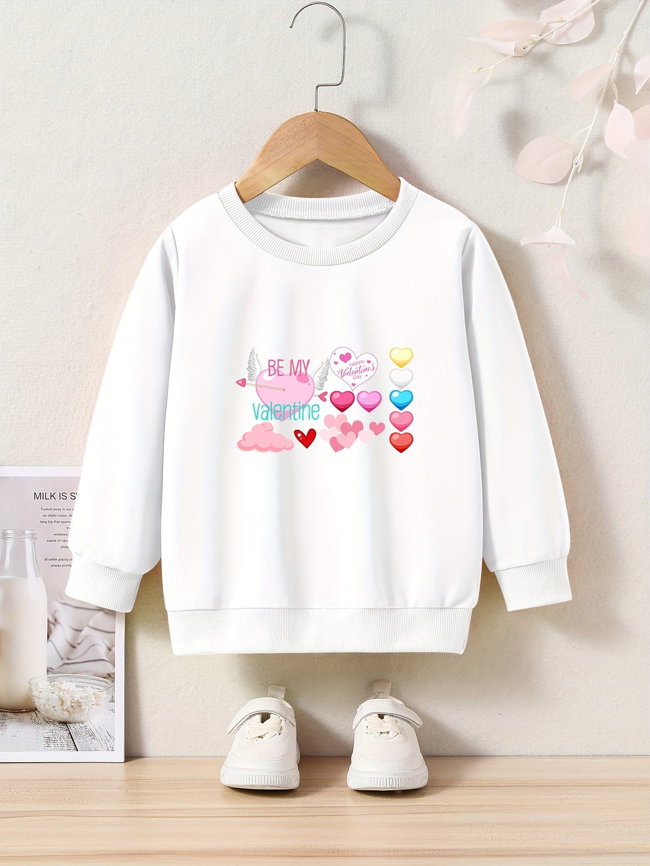 Cartoon Hearts Pattern Crew Neck Long Sleeve Sweatshirt for Girls Kids