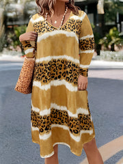  Colorblock Leopard Print V Neck Dress