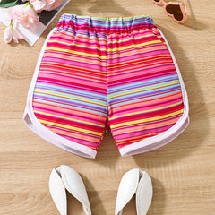 Girls Rainbow Striped Print Elastic Shorts for Sports Beach Outfit