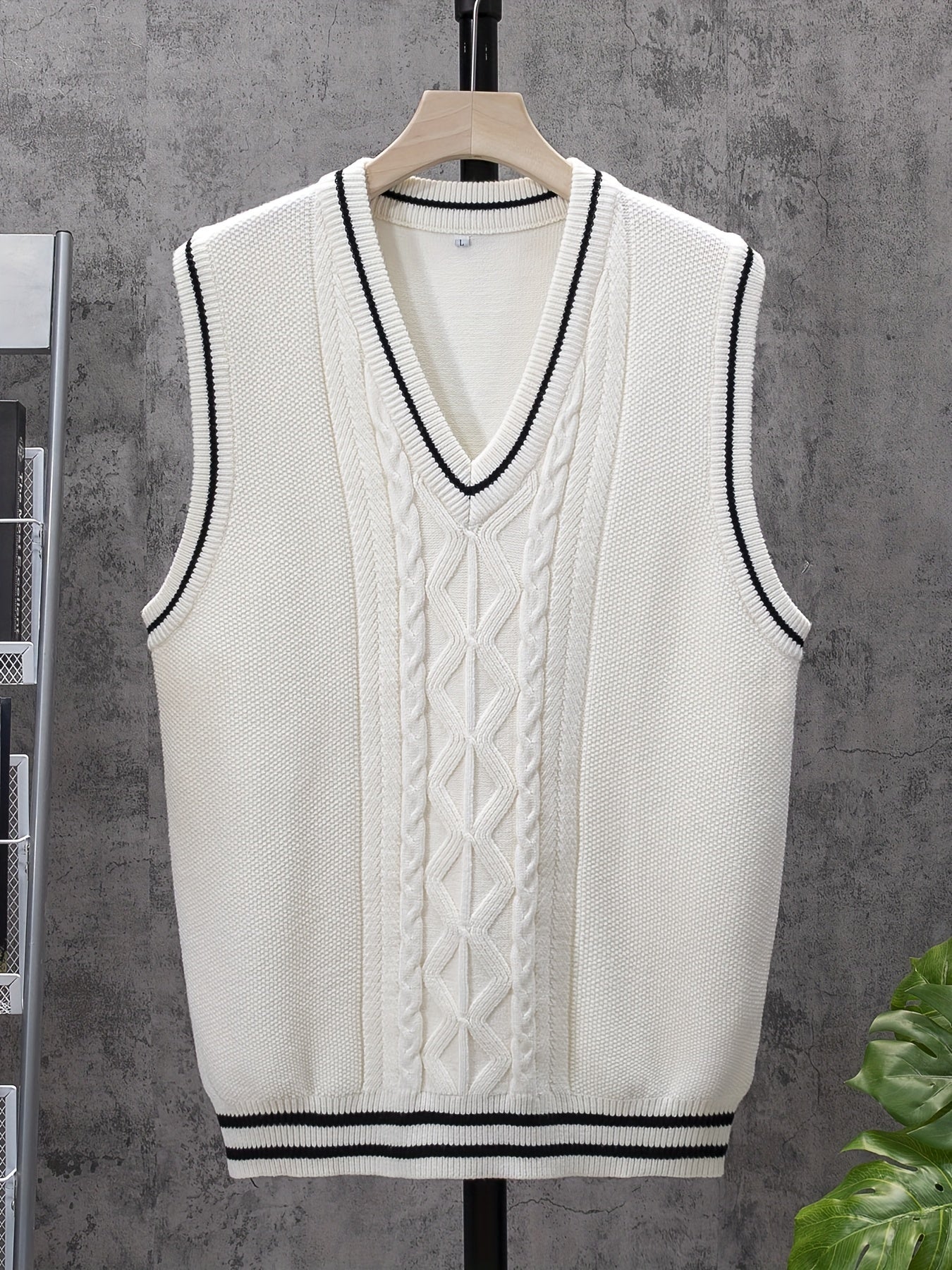 Men's V Neck Striped Knit Vest Sleeveless Sweater
