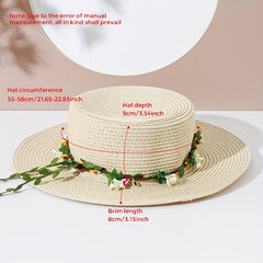 Green Garland Braided Sun Hat Easter Beige Straw Hat Flat Top Fedora Cap