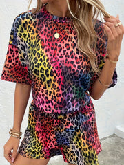 Women's All Over Print Lounge Set Short Sleeve Crew Neck Top & Shorts